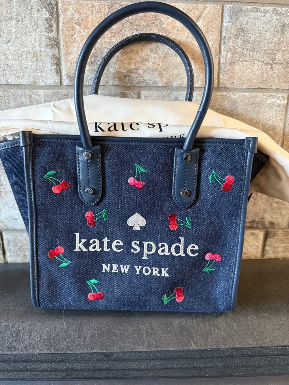 kate spade Navy Tote with Red Cherry Embroidery